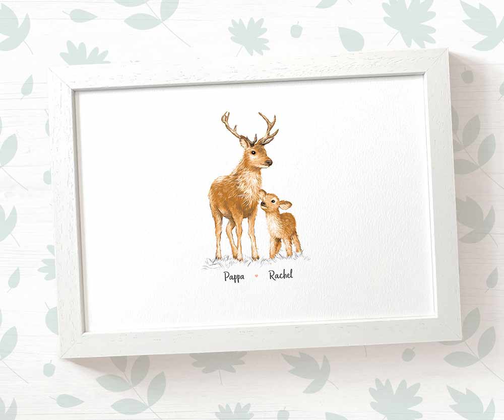 A4 framed deer family print featuring mum and baby with names for the best mothers day gift