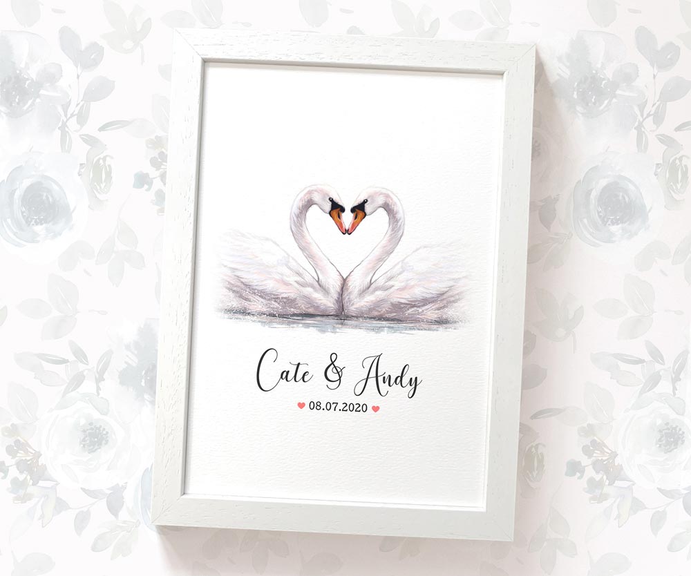 Personalized Swan Couple A4 Framed Print Featuring Newlywed Names And Date For A Unique Wedding Gift