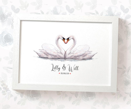 Swan Couple A4 Framed Print Personalized With Names And Date For An Exceptional First Anniversary Gift Idea