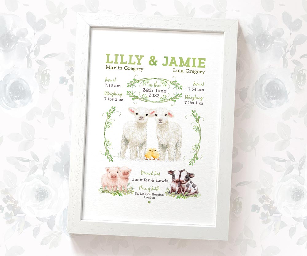 New Baby Birth Record Gift Name Twin Farmyard Nursery Animals Baby Room Decor Wall Art Print