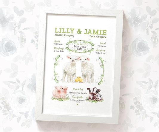 New Baby Birth Record Gift Name Twin Farmyard Nursery Animals Baby Room Decor Wall Art Print