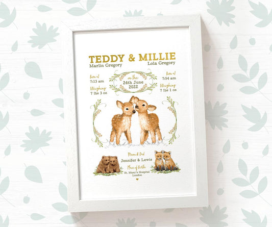New Baby Birth Record Gift Name Twin Woodland Nursery Animals Baby Room Decor Wall Art Print