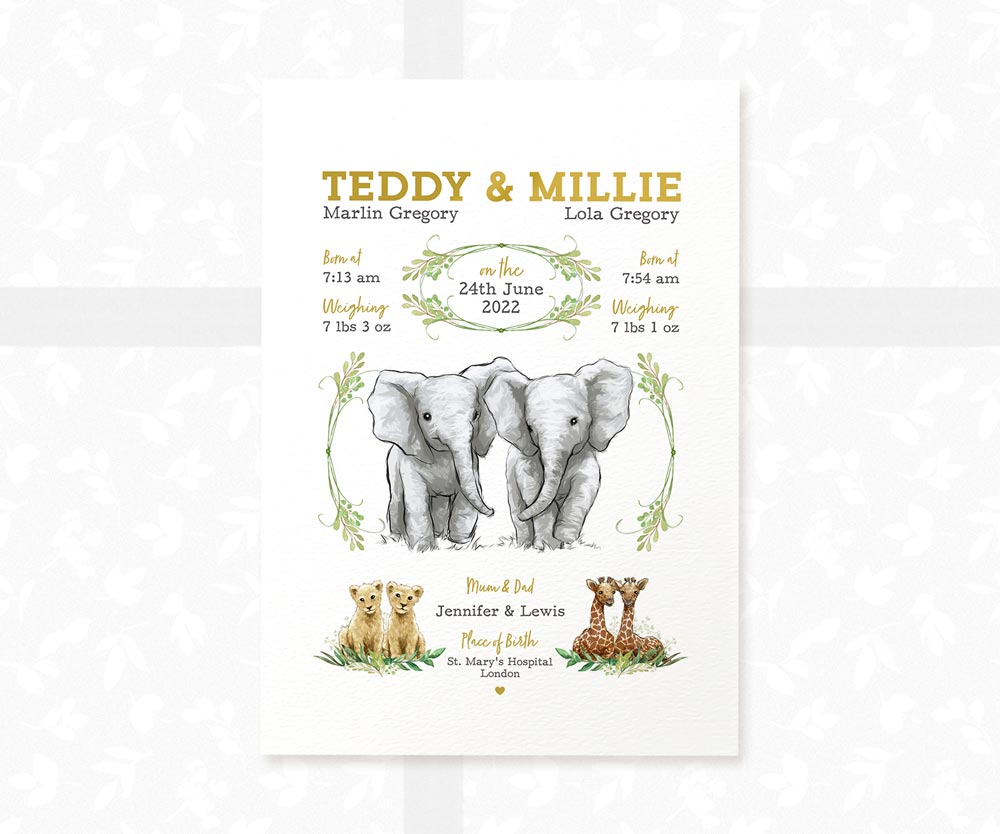 New Baby Birth Record Gift Name Twin Safari Nursery Decor Wall Art Print First Birthday Christmas