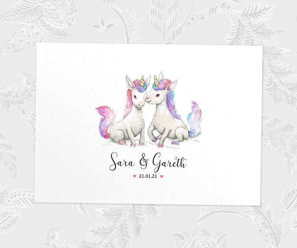 Two Unicorns A4 Unframed Print Customized With Names And Date For A Thoughtful Valentines Day Gift