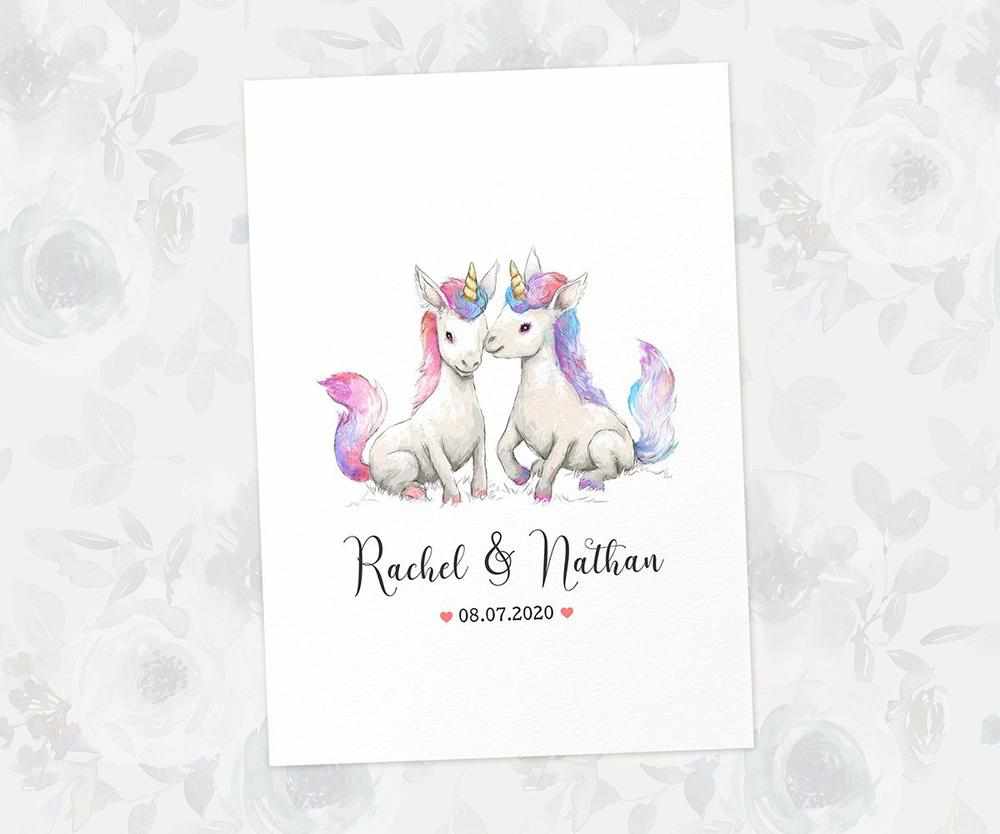 Two Unicorns A3 Unframed Art Print Personalized With Names And Date For A Heartwarming Valentines Day Gift