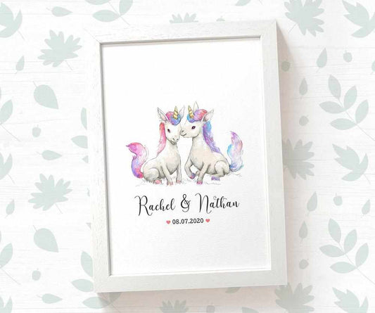 Unicorn Couple A4 Framed Print Personalized With Names And Date For An Exceptional First Anniversary Gift Idea