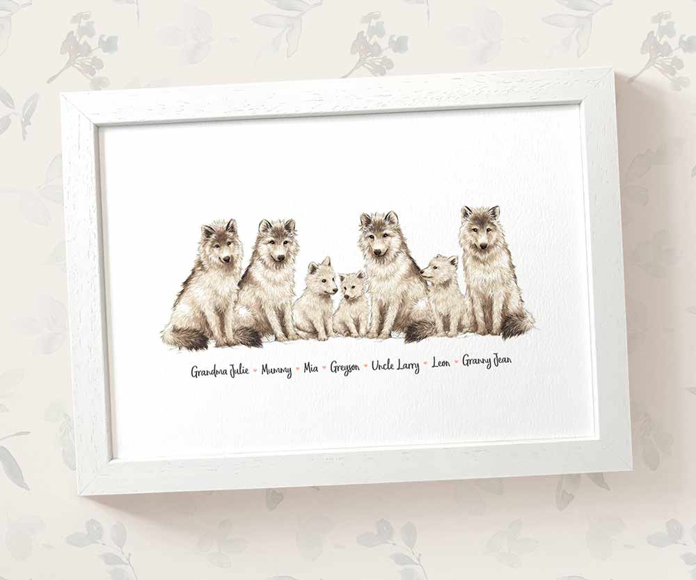 Wolf family portrait featuring grandma and grandad with grandchildren and personalised names for the best grandparent gift
