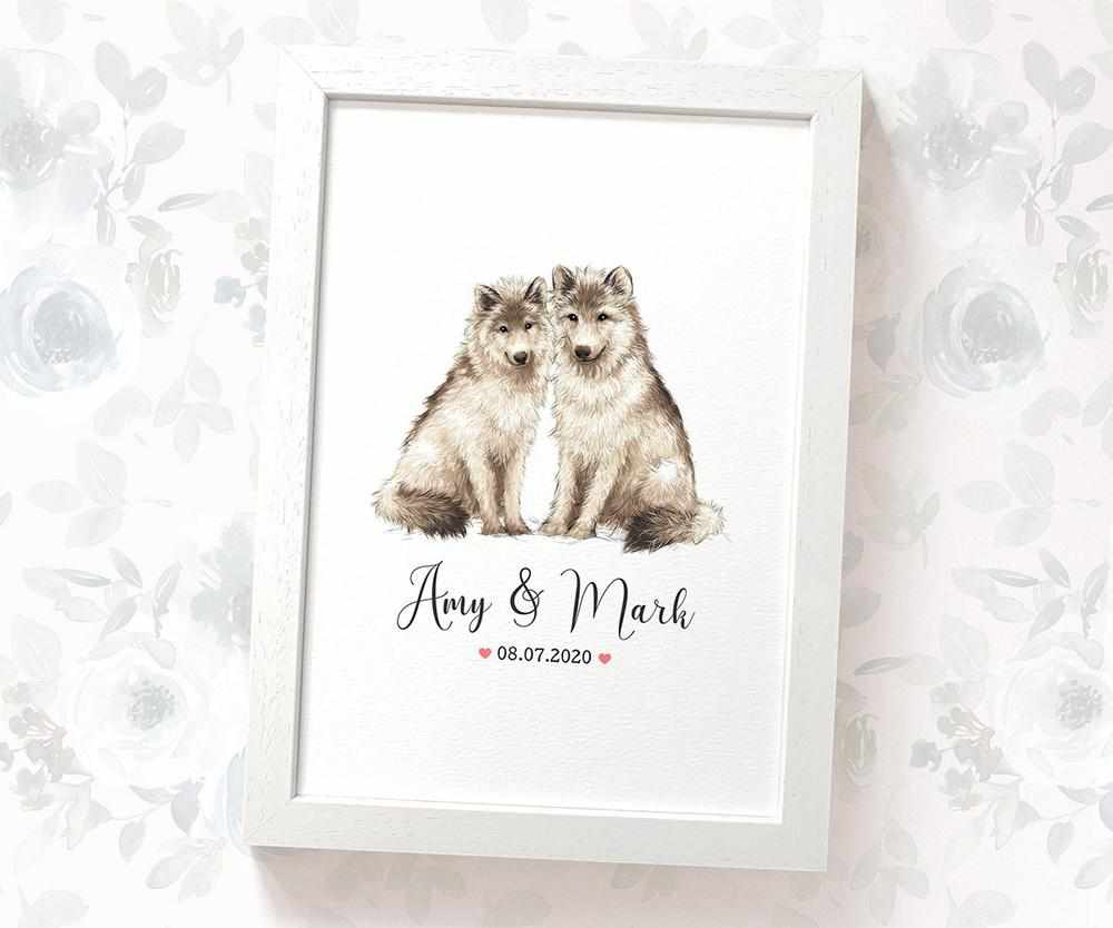 Personalized Wolf Couple A4 Framed Print Featuring Names and Date For A Special First Anniversary Gift