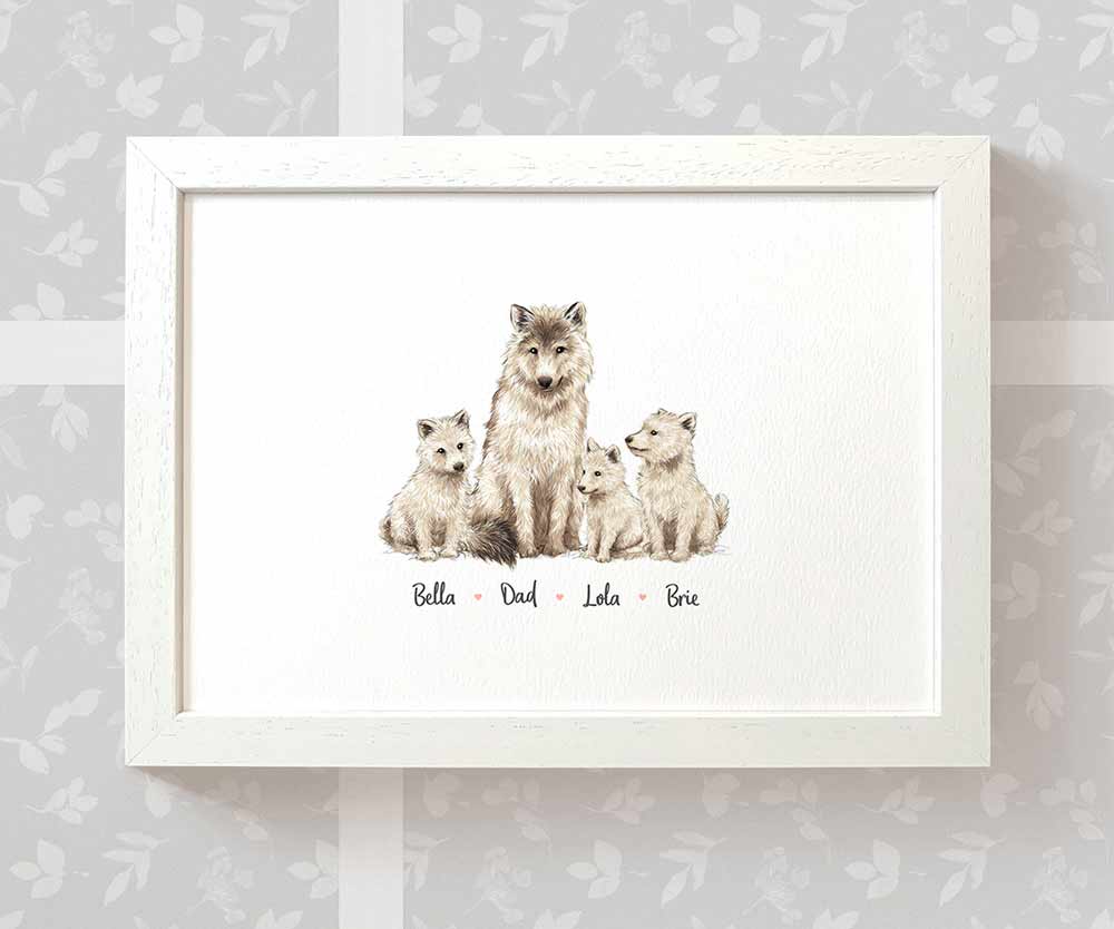 Framed wolf family portrait personalised with names frame for a thoughful gift for dad