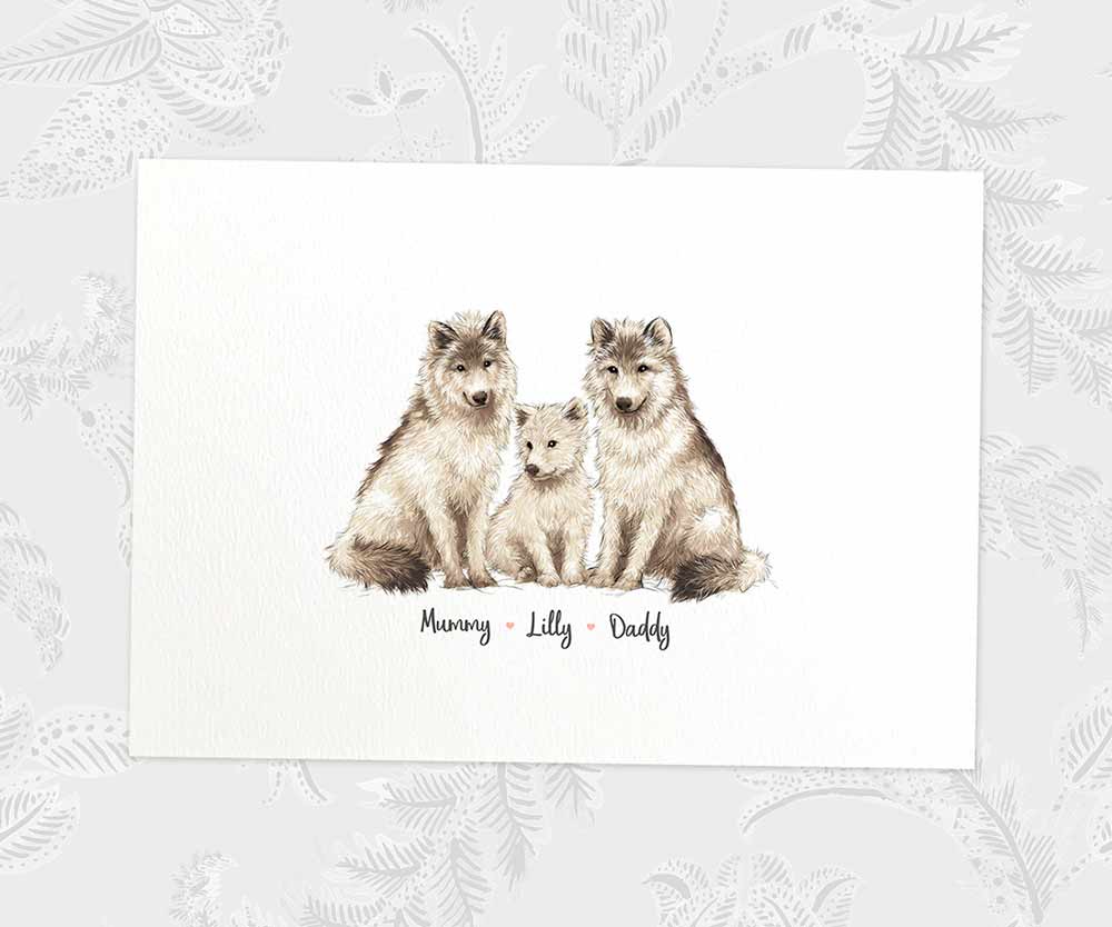 Printed A4 family of wolves personalised with names for a special mothers day present