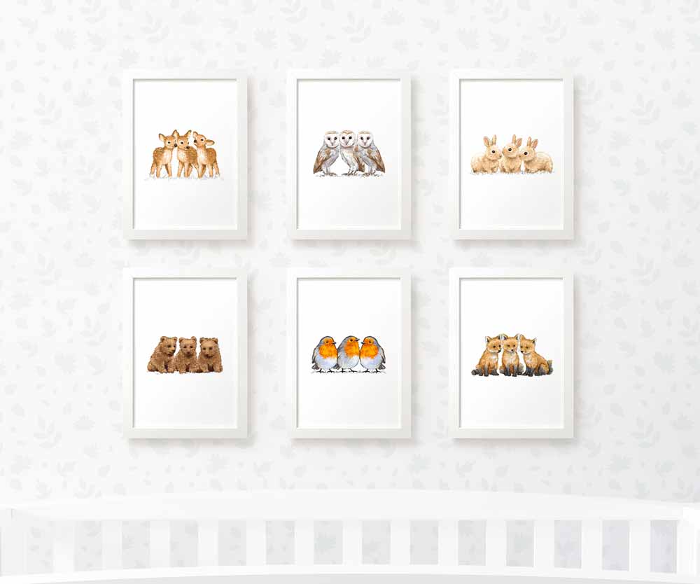 Woodland Nursery Prints Triplet New Baby Shower Pregnancy Gift Ideas Animal Wall Art Set Newborn Playroom