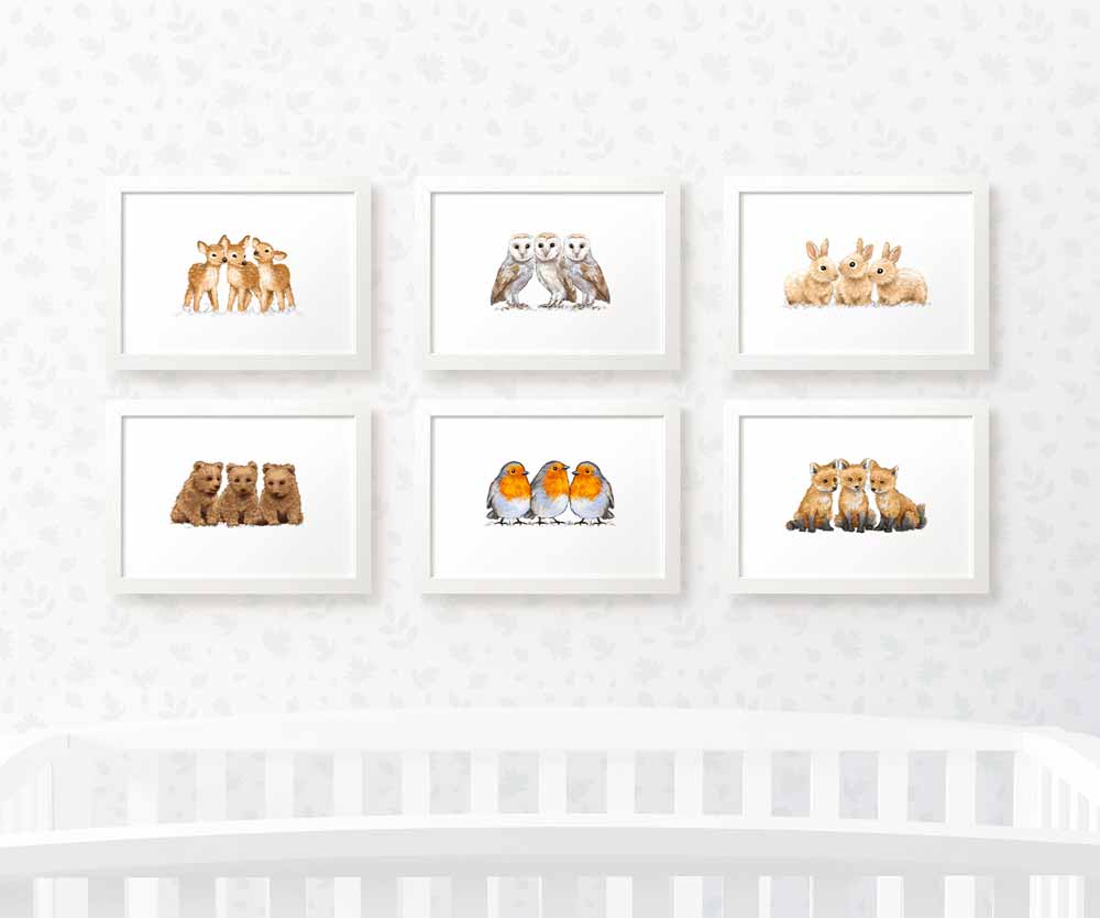 Woodland Nursery Prints Triplet New Baby Shower Gift Ideas Animal Wall Art Set Playroom Decor UK