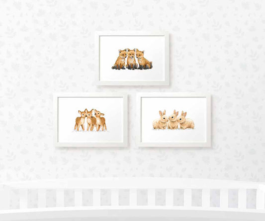 Woodland Nursery Prints Triplet New Baby Shower Gift Ideas Animal Wall Art Set Playroom Decor UK