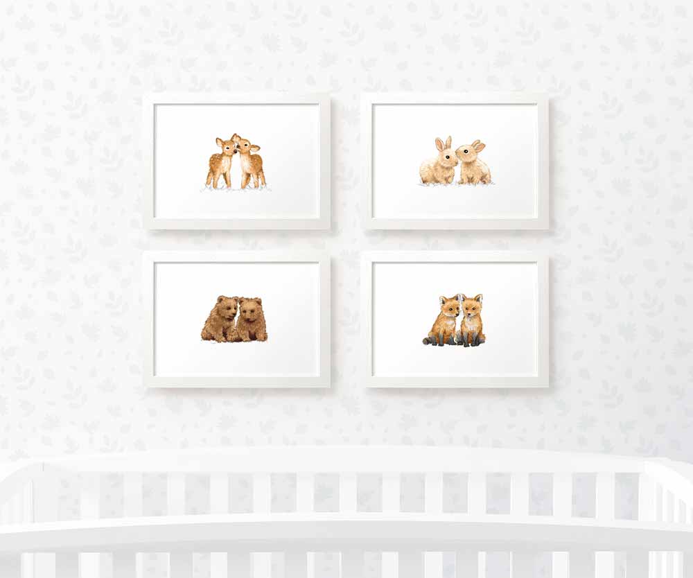 Woodland Nursery Prints Twin New Baby Shower Gift Ideas Animal Wall Art Set Playroom Decor UK
