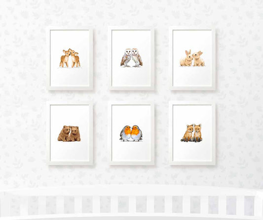 Woodland Nursery Prints Twin New Baby Shower Gift Ideas Animal Wall Art Set Playroom Decor UK