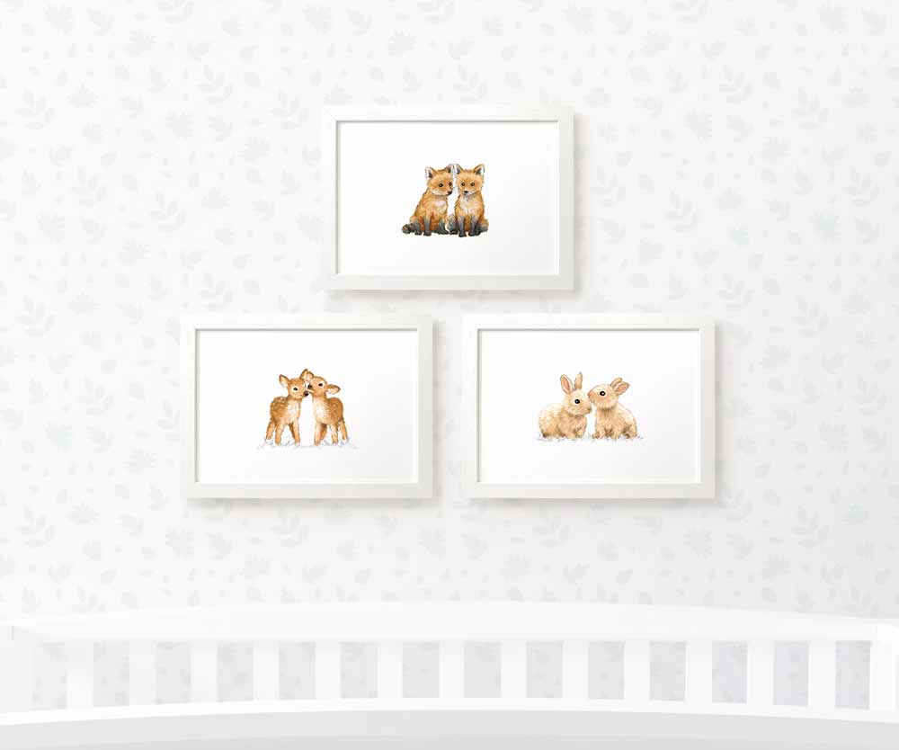 Woodland Nursery Prints Twin New Baby Shower Pregnancy Gift Ideas Animal Wall Art Set Newborn Playroom