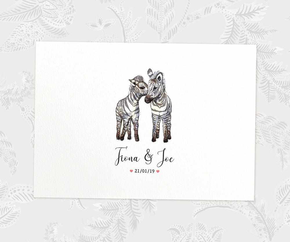 Two Zebras A3 Unframed Art Print Personalized With Names And Date For A Heartwarming Valentines Day Gift