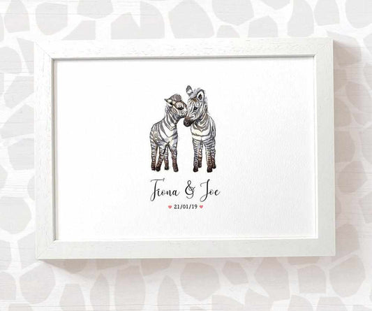 Zebra Couple A4 Framed Print Personalized With Names And Date For An Exceptional First Anniversary Gift Idea