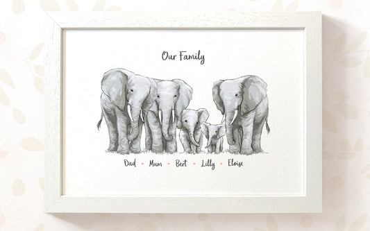 Personalised elephant family name print, thoughtful Mother’s Day gift for Mum in the UK