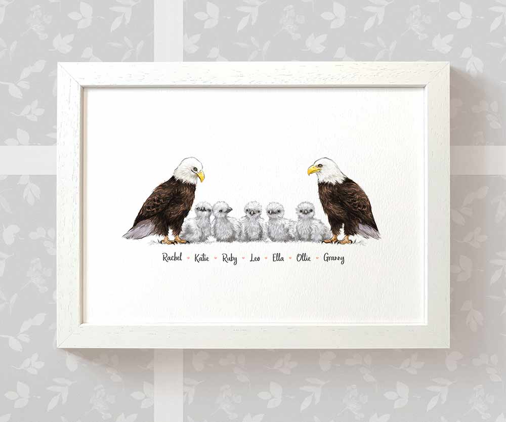 Framed A4 family of eagles print personalised with names for a special mothers day present