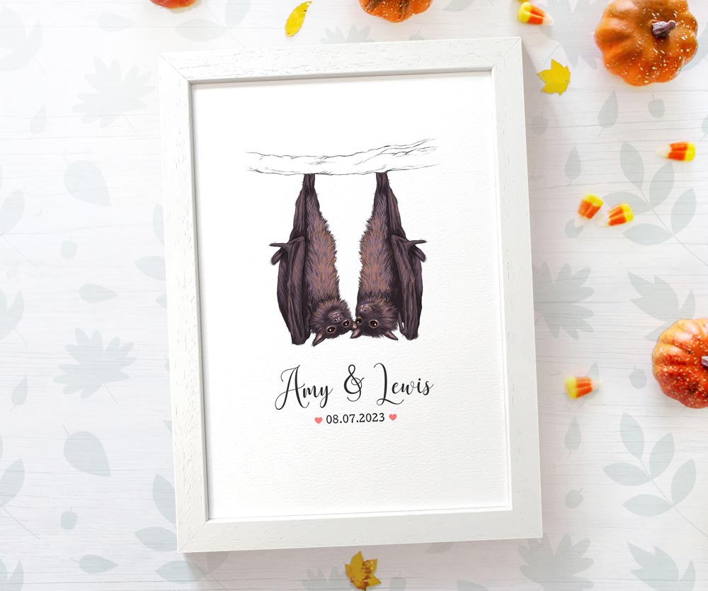 Bat couple personalised print with names and date for halloween anniversary