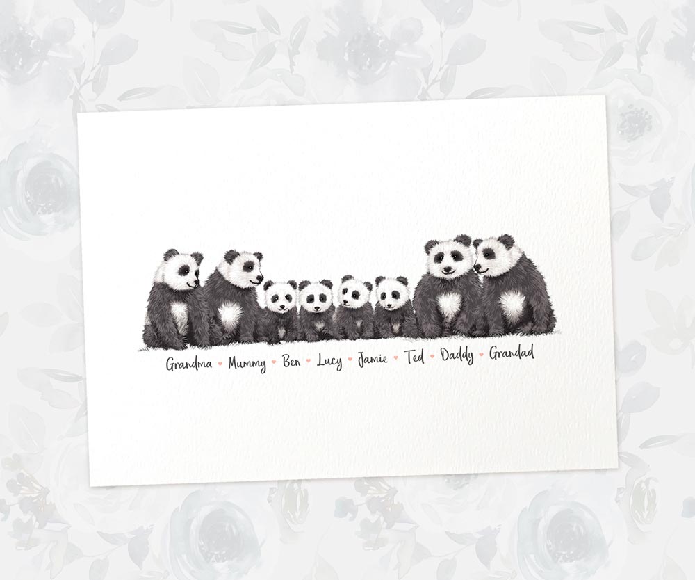 Printed A4 family of 8 pandas personalised with names for a special mothers day present