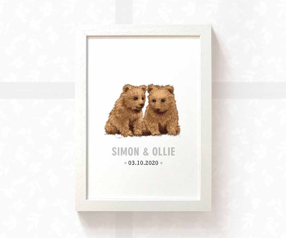 Bear Personalised Baby Name Print for Twins