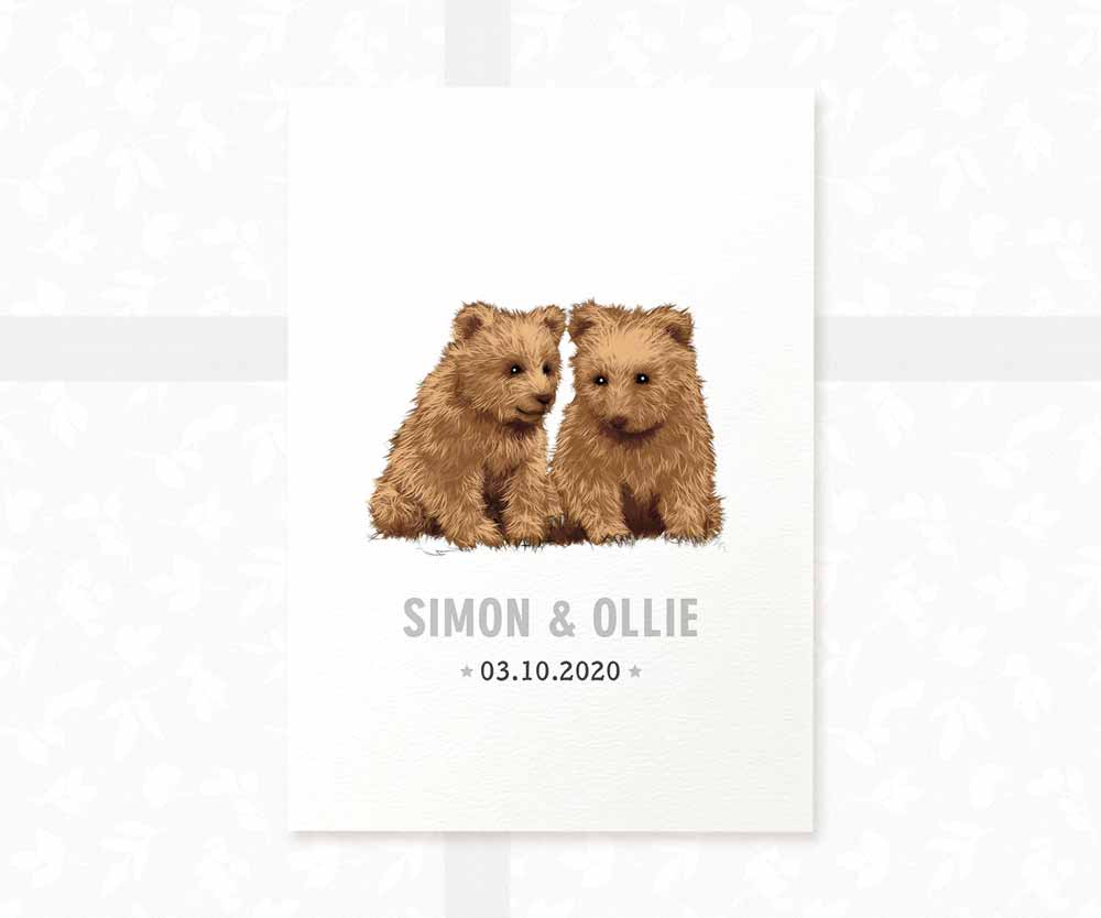 Bear Personalised Baby Name Print for Twins
