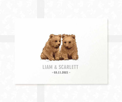 Bear Personalised Baby Name Print for Twins