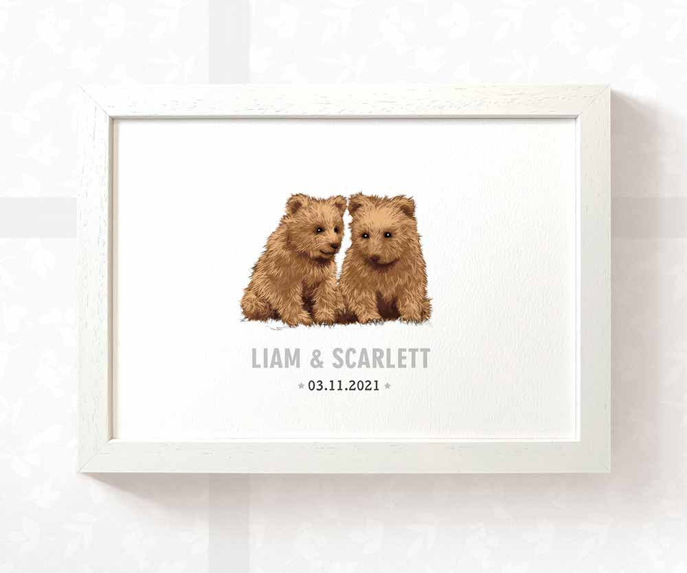 Bear Personalised Baby Name Print for Twins