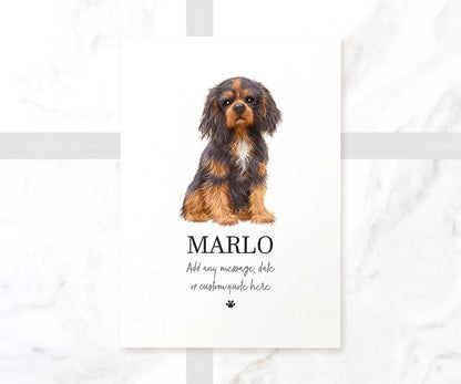 Black and tan cavalier king charles spaniel dog wall art on A4 textured paper with personalised pet name and message