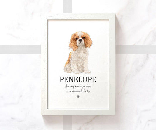 cavalier king charles spaniel dog illustrated print in A4 frame with personalised pet name and message