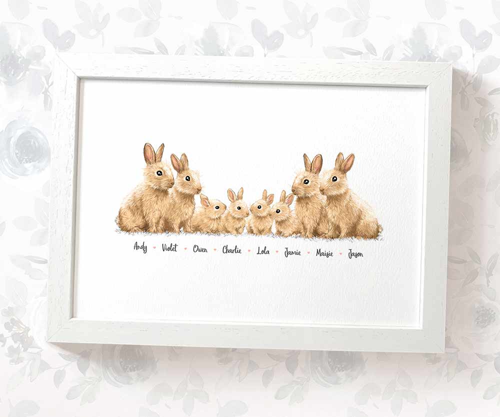 White framed A4 family portrait of 8 bunny rabbits with personalised names for the perfect birthday gift for mum
