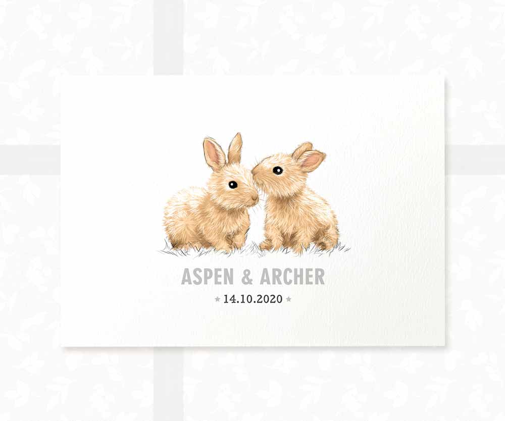 Rabbit Personalised Baby Name Print for Twins