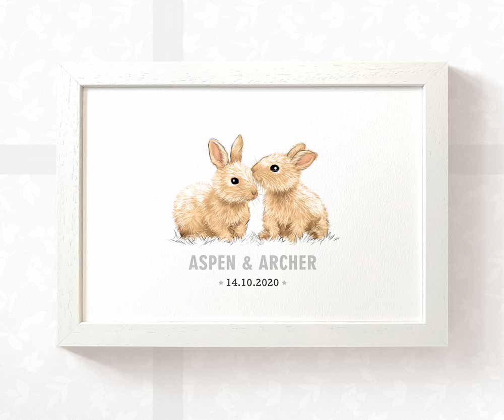 Rabbit Personalised Baby Name Print for Twins