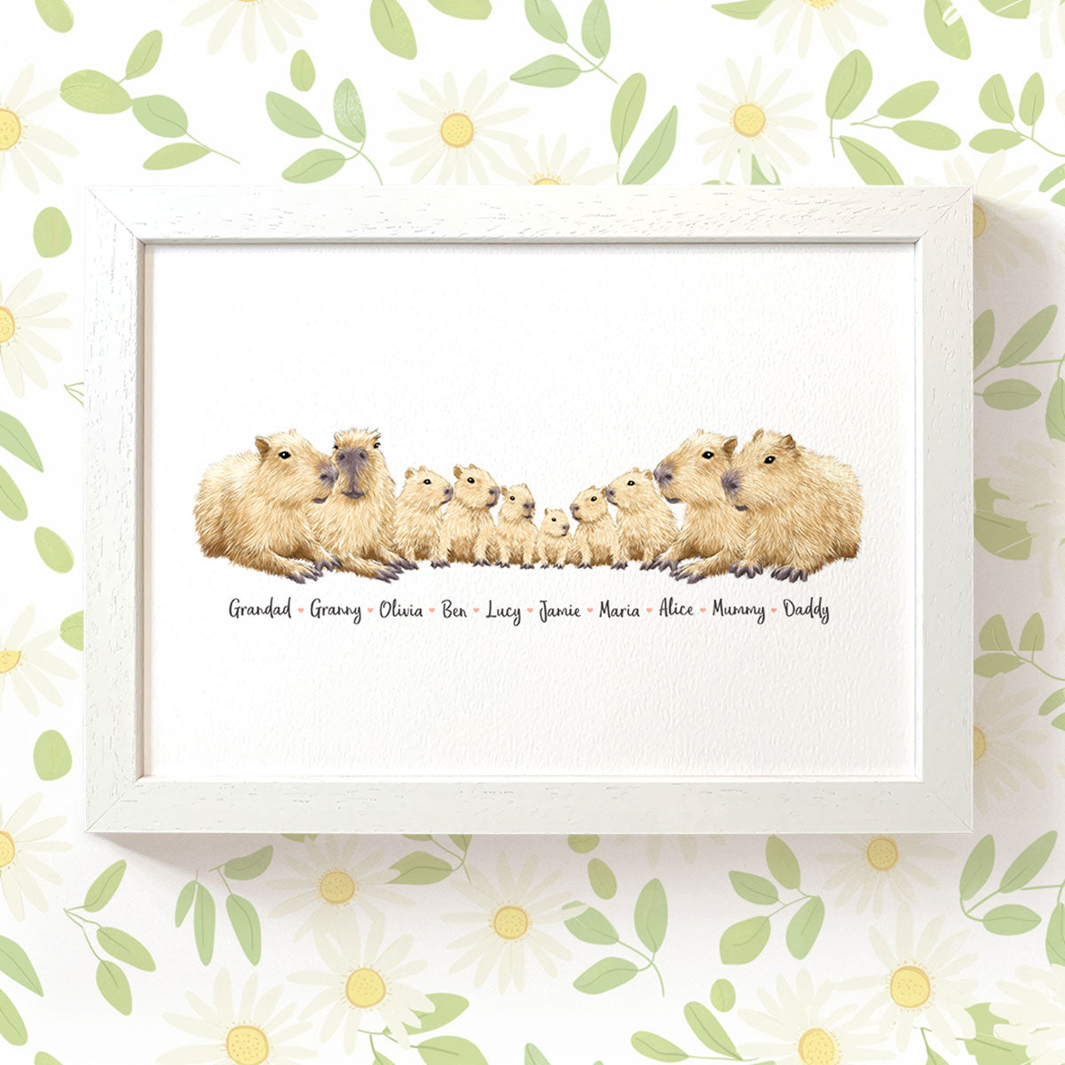 Printed A4 illustration of a capybara family personalised with names for a special mothers day present