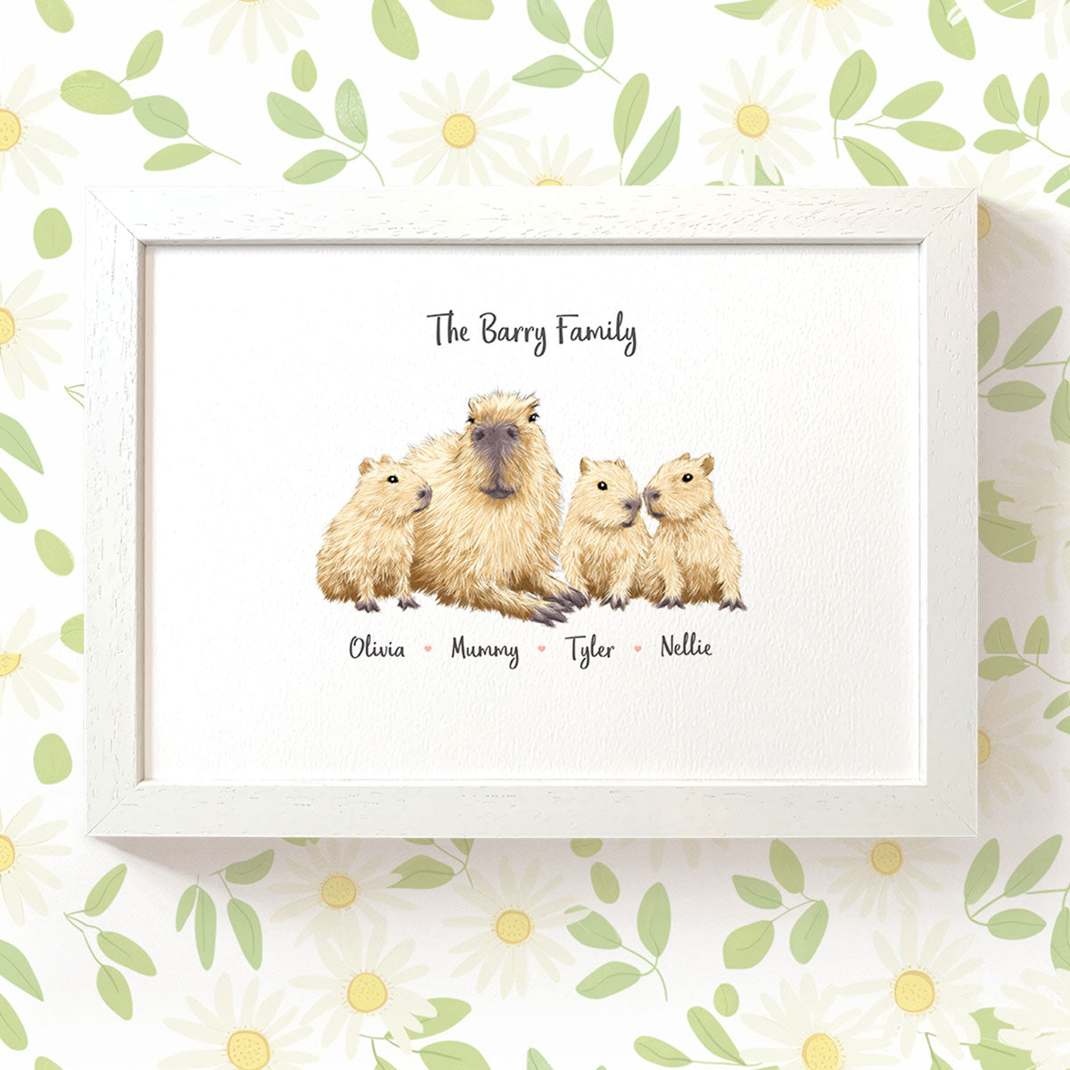 Framed print of a capybara family of 4 personalised with names for a cavy themed mothers day gift