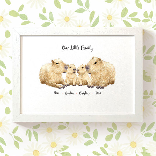 Capybara family portrait personalised with names displayed in an A4 white wood frame for a thoughful gift for mum