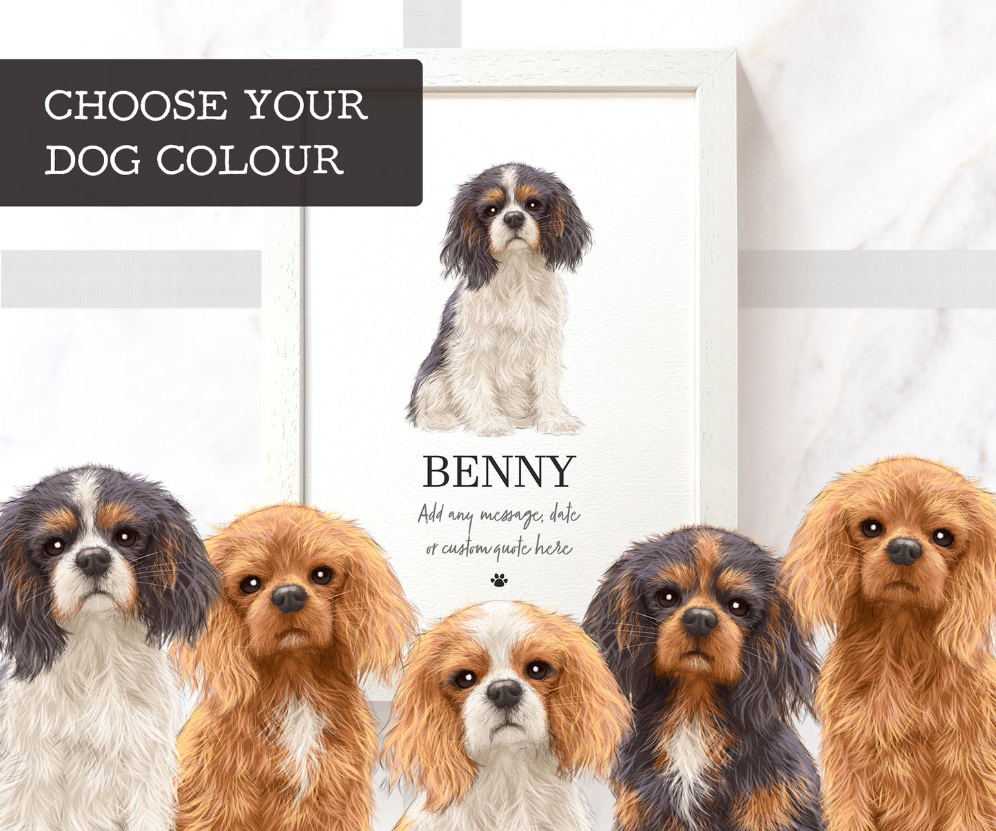 Cavalier king charles spaniel dog wall art print in A3 frame with personalised pet name Benny