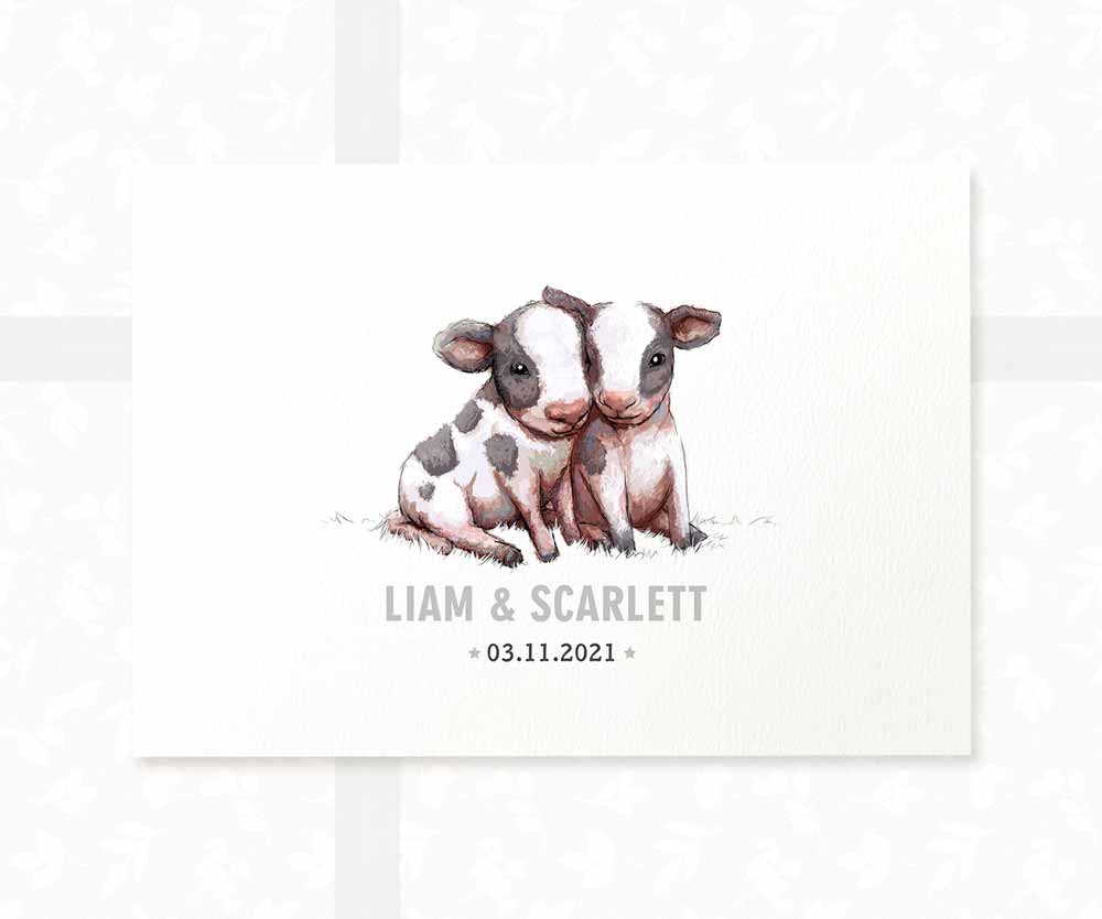 Cow Personalised Baby Name Print for Twins