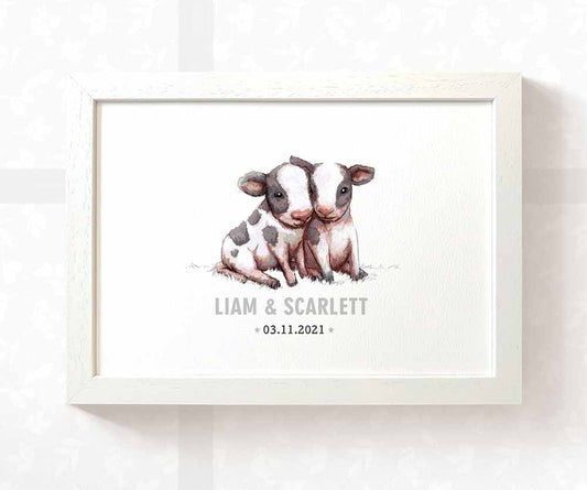 Cow Personalised Baby Name Print for Twins