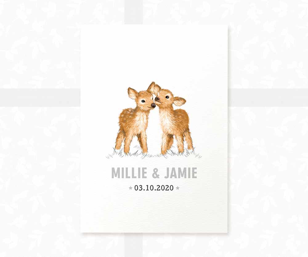 Deer Personalised Baby Name Print for Twins