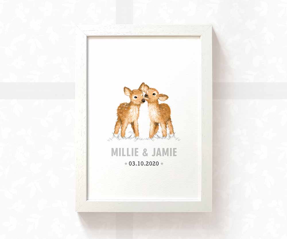 Deer Personalised Baby Name Print for Twins