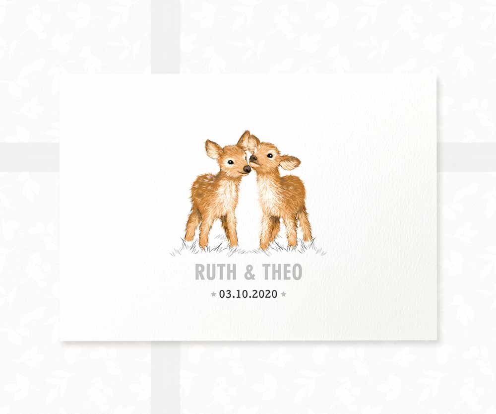 Deer Personalised Baby Name Print for Twins