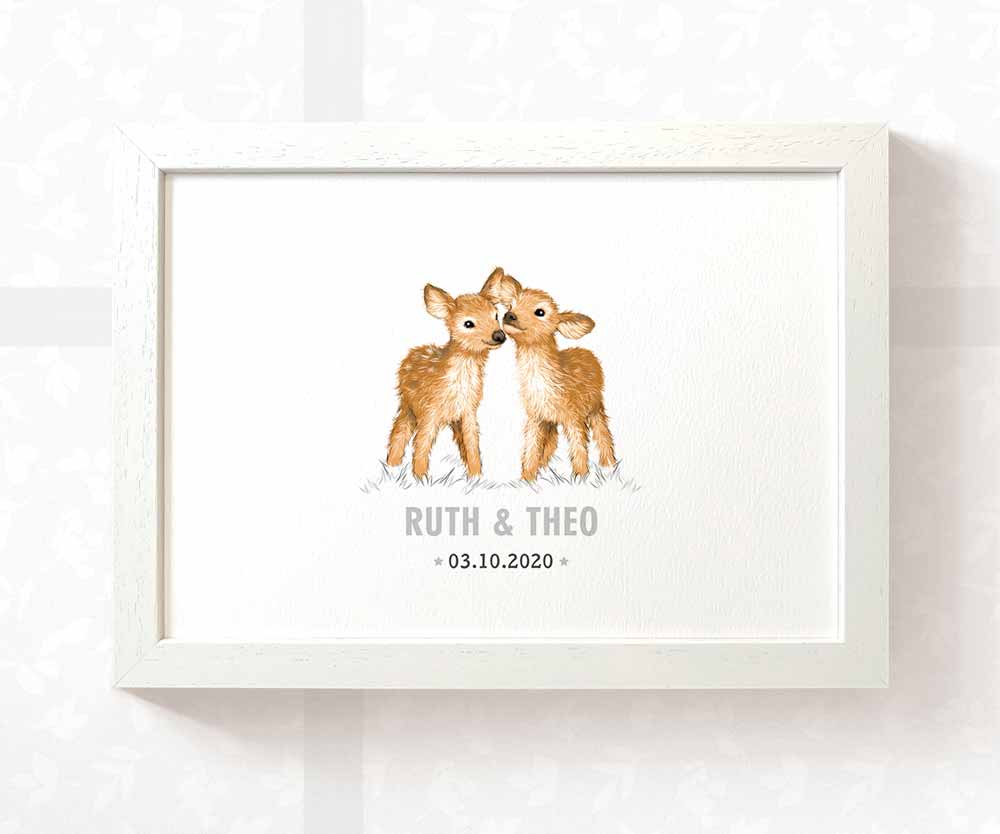 Deer Personalised Baby Name Print for Twins