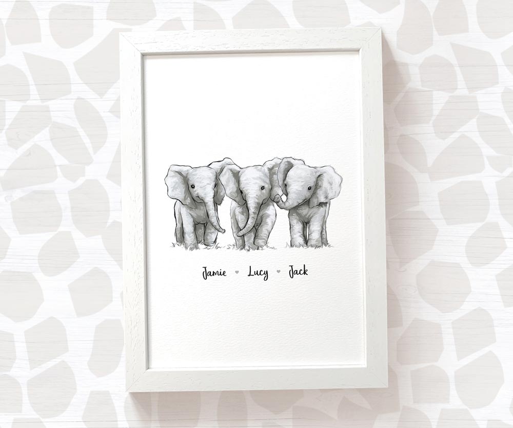 Elephant Personalised Baby Name Print for Triplets