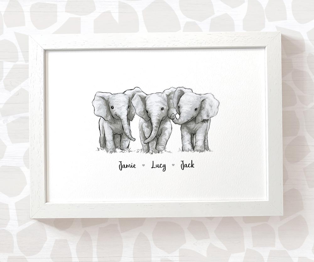 Elephant Personalised Baby Name Print for Triplets