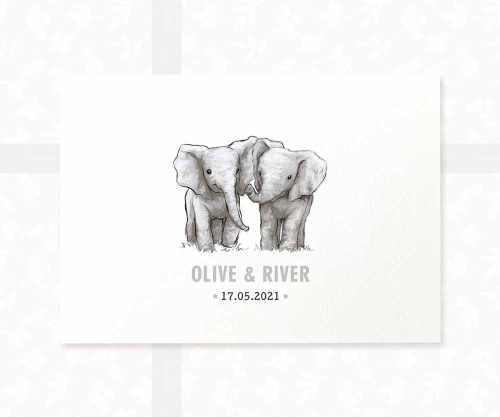 Elephant Personalised Baby Name Print for Twins