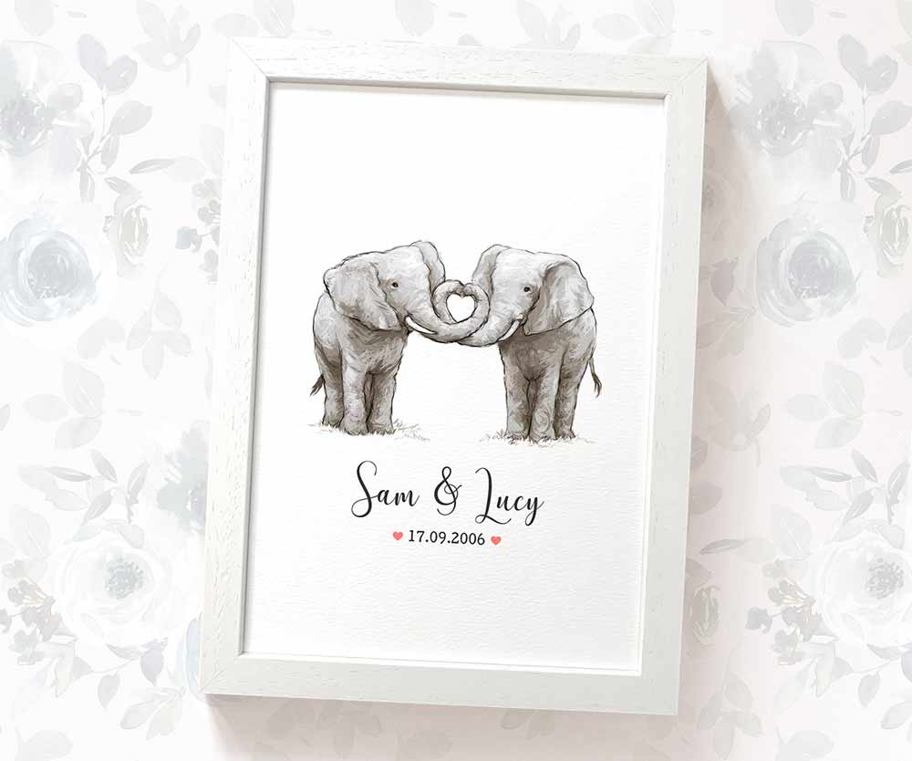 Elephant couple illustrated art print with couple names and anniversary date beneath