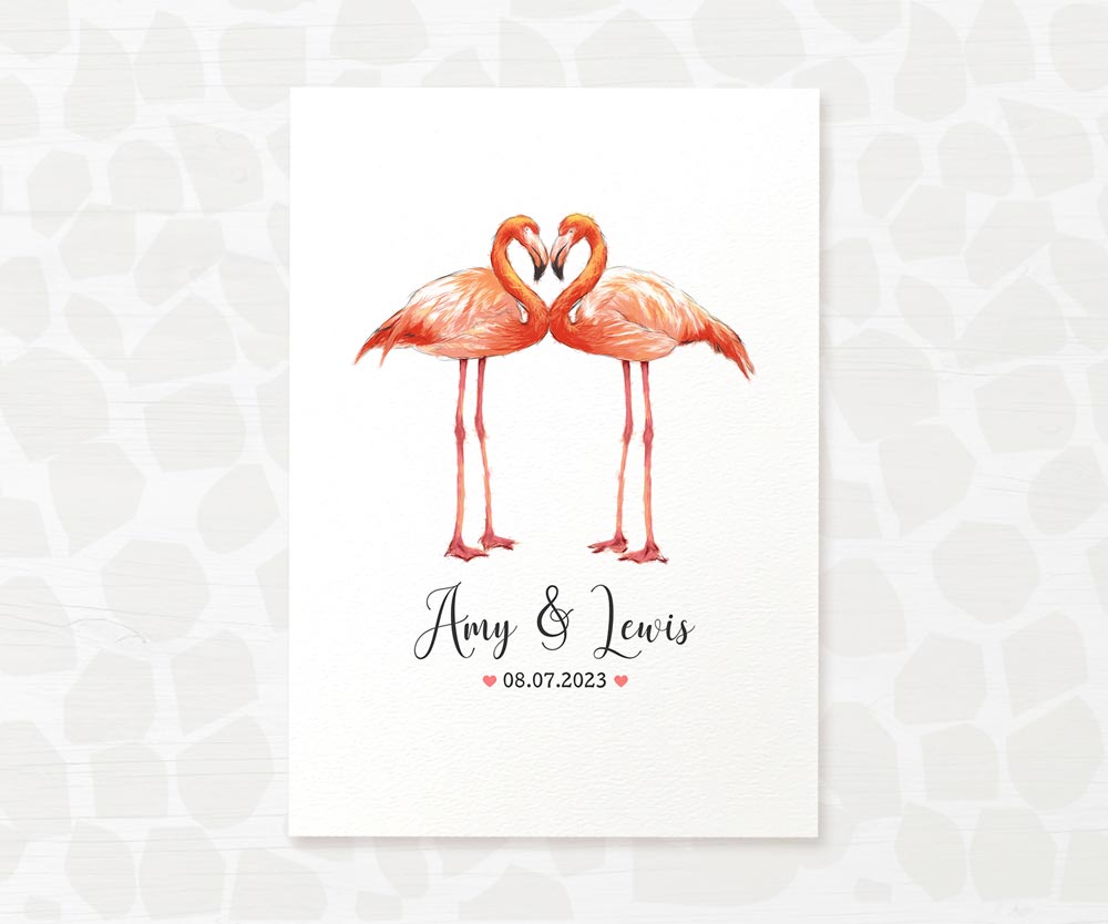 Two Flamingos A4 Unframed Print Customized With Names And Date For A Thoughtful Valentines Day Gift